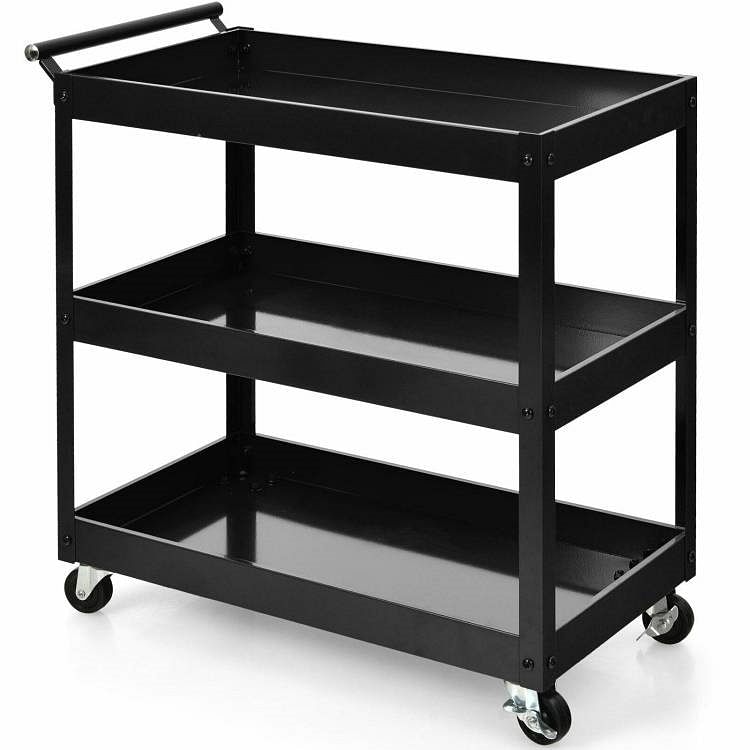 Black Steel Frame Kitchen Serving Utility Cart on Wheels with 2 Bottom Shelves - Free Shipping 