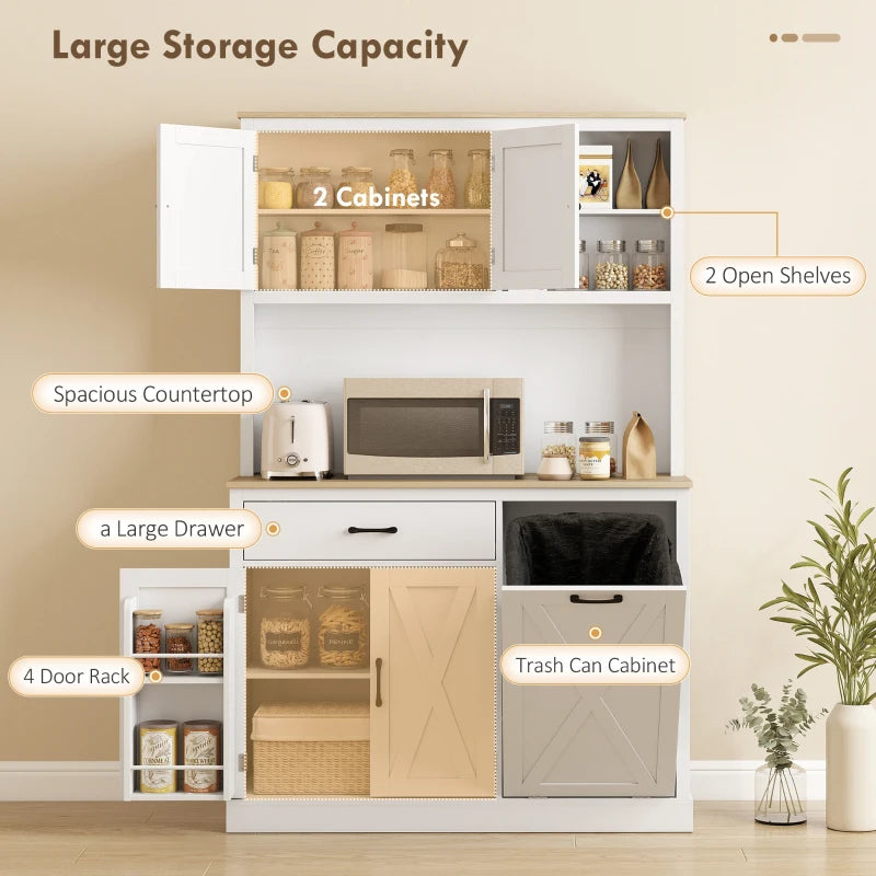 69" Pantry Cabinet with Charging Station, Kitchen Cabinet with Microwave Stand, Tilt-Out Trash Can Cabinet, White
