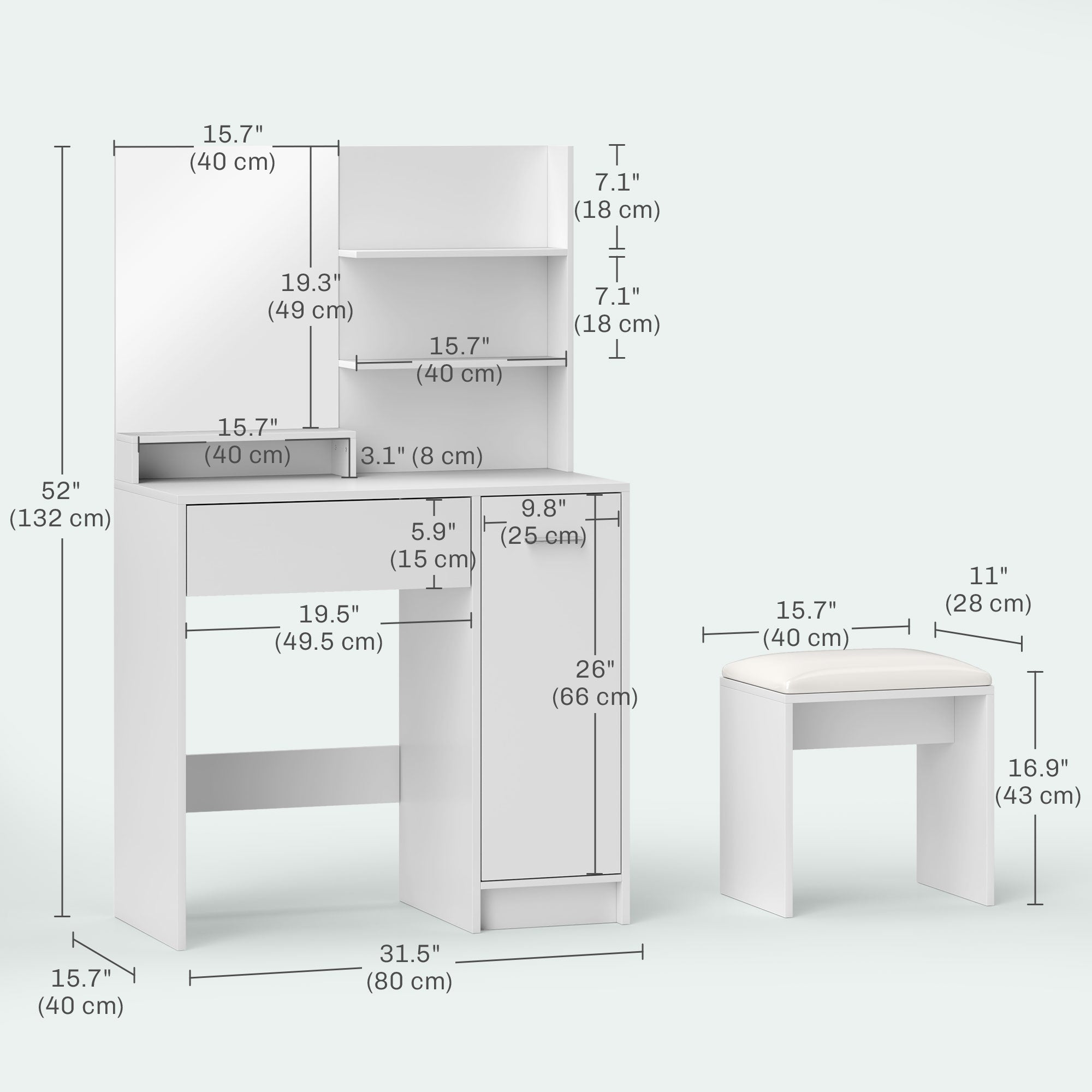 HOMCOM Vanity Set with Mirror and Stool, Makeup Vanity Table with Storage Drawer, Cabinet, Adjustable Shelf for Bedroom, White 