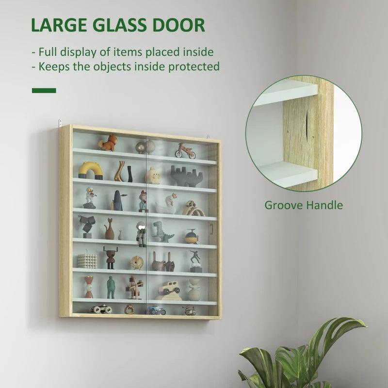 7-Tier Display Cabinet, Shot Glass Display Case, Glass Curio Cabinet with 2 Glass Doors, Oak and White