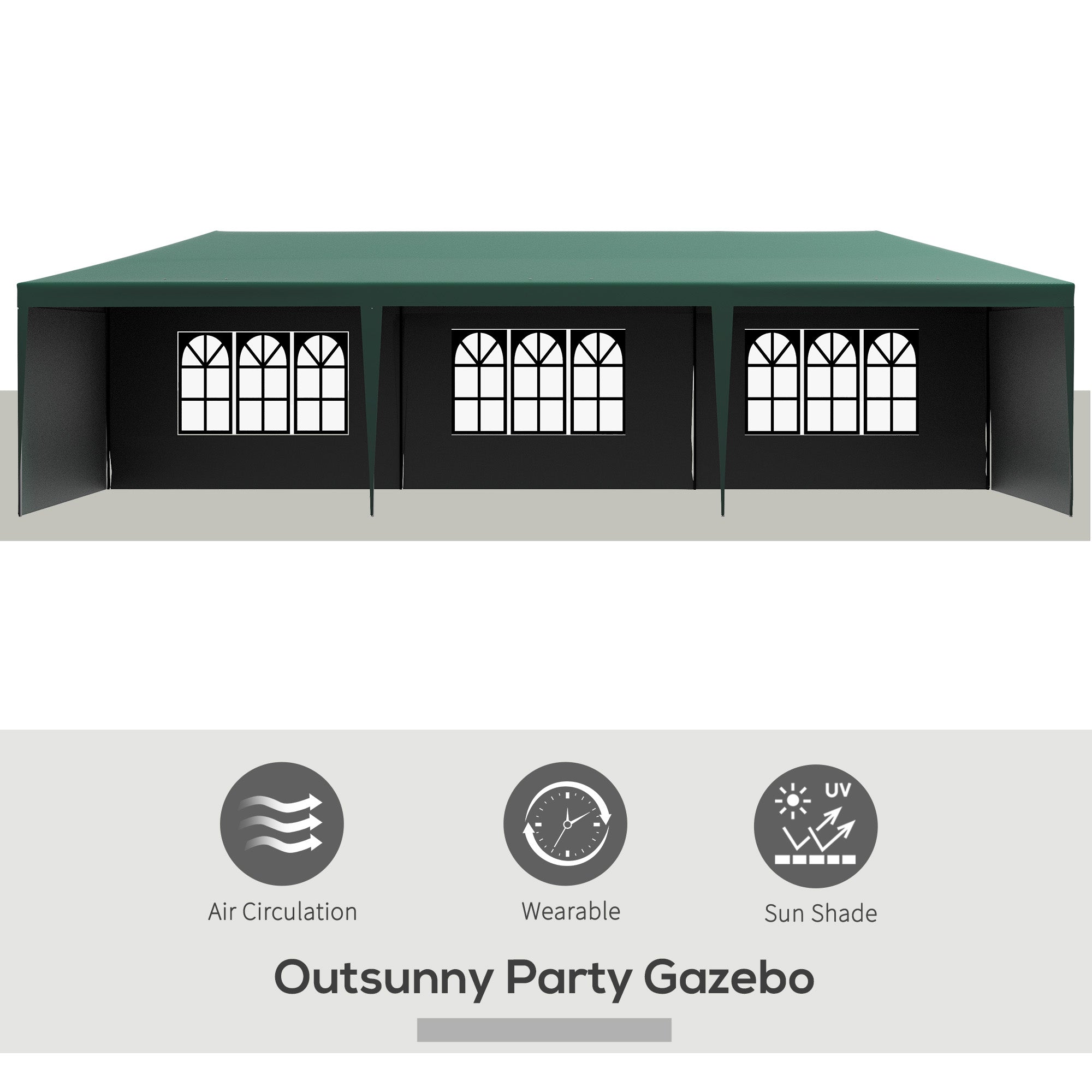 Outsunny 10' x 29' Canopy Tent, Party Tent with Sidewalls and Large Transparent Windows for Garden, Backyard, Outdoor, Green 
