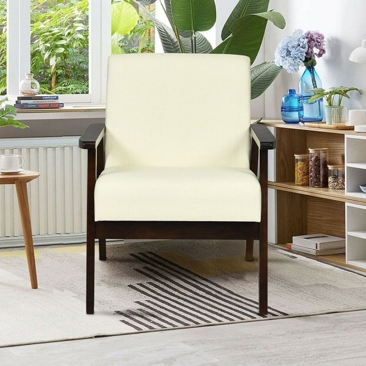 Retro Modern Classic Beige Linen Wide Accent Chair with Espresso Wood Frame - Free Shipping