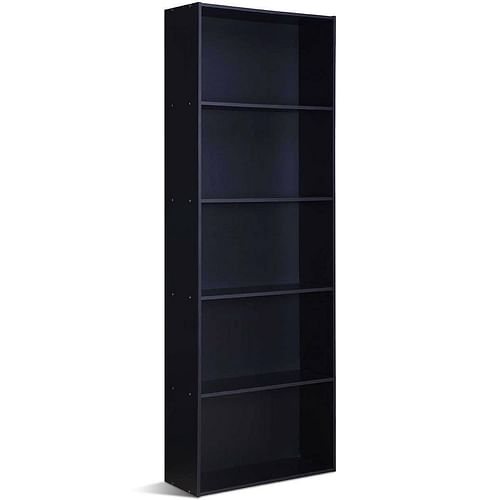 Modern 5-Shelf Bookcase Storage Shelves in Black Wood Finish - Free Shipping