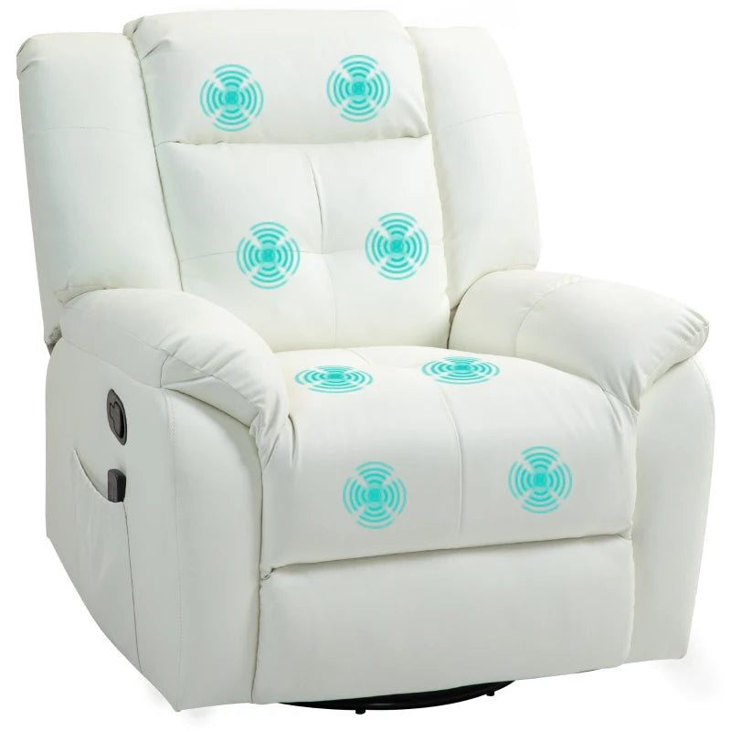 8-Point Vibration Massage Recliner Chair with Comfor Padding, Remote Control, Side Pockets, Swivel Nursery Rocking Chair, Cream White