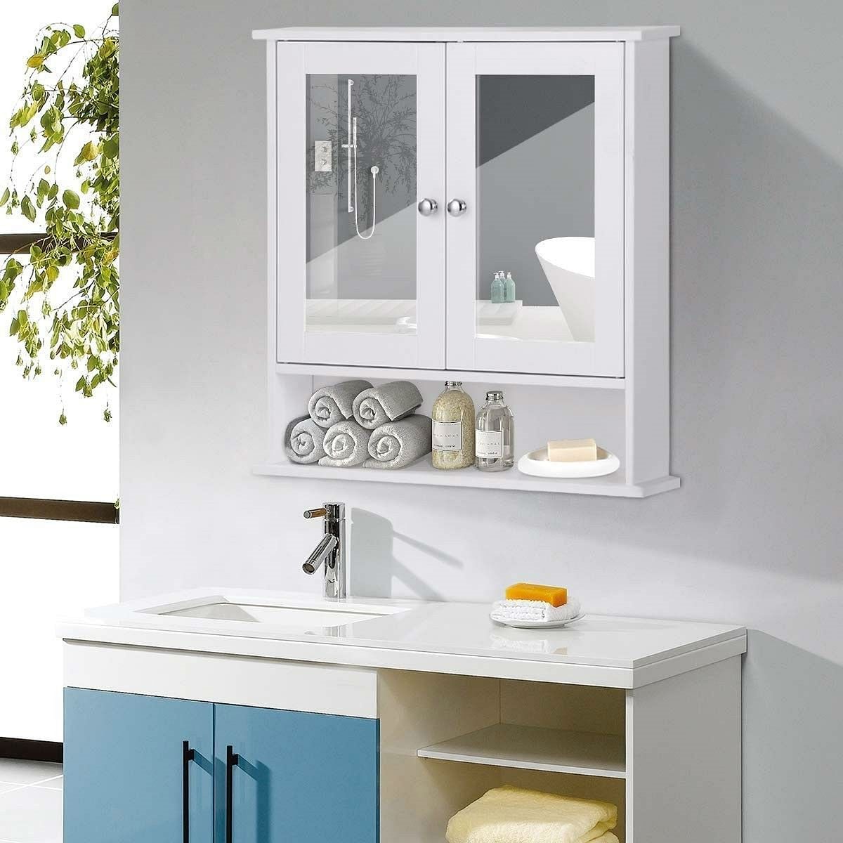 White Bathroom Wall Medicine Cabinet with Mirror and Open Shelf - Free Shipping