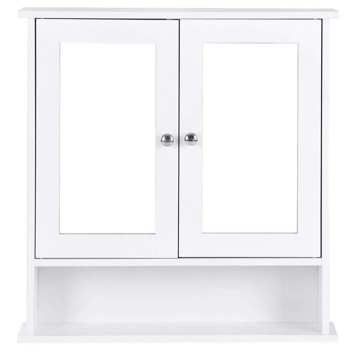 White Bathroom Wall Medicine Cabinet with Mirror and Open Shelf - Free Shipping