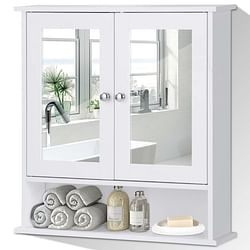 White Bathroom Wall Medicine Cabinet with Mirror and Open Shelf - Free Shipping