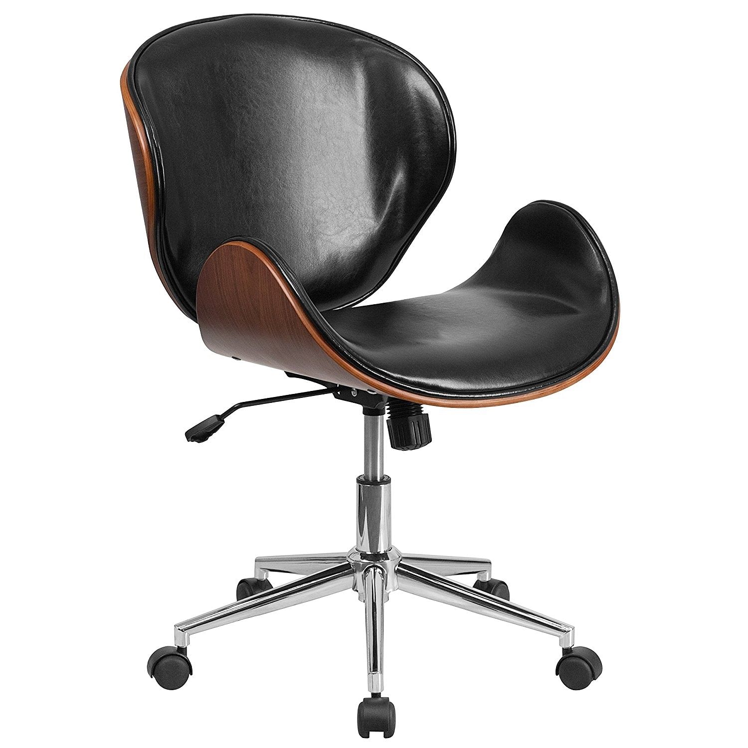 Mid-Back Walnut / Black Faux Leather Office Chair with Curved Bentwood Seat - Free Shipping 