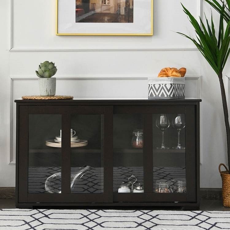 Brown Wood Buffet Kitchen Dining Sideboard Storage Cabinet w/ Glass Sliding Door - Free Shipping