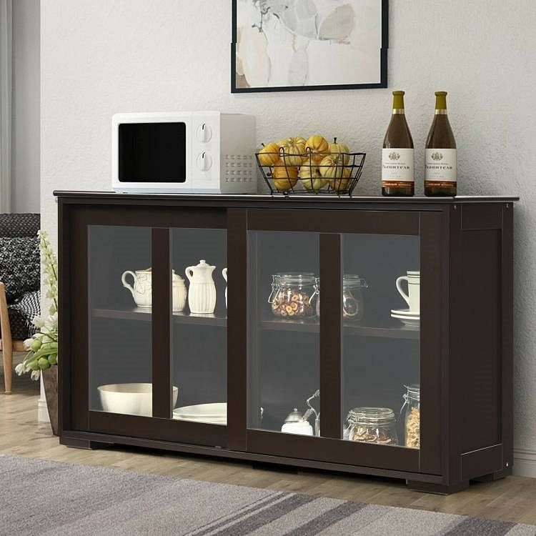 Brown Wood Buffet Kitchen Dining Sideboard Storage Cabinet w/ Glass Sliding Door - Free Shipping