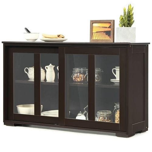 Brown Wood Buffet Kitchen Dining Sideboard Storage Cabinet w/ Glass Sliding Door - Free Shipping