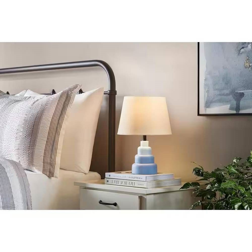 Small Blue Desk Light Table Lamp with White Fabric Shade for Bedside Nightstand - Free Shipping