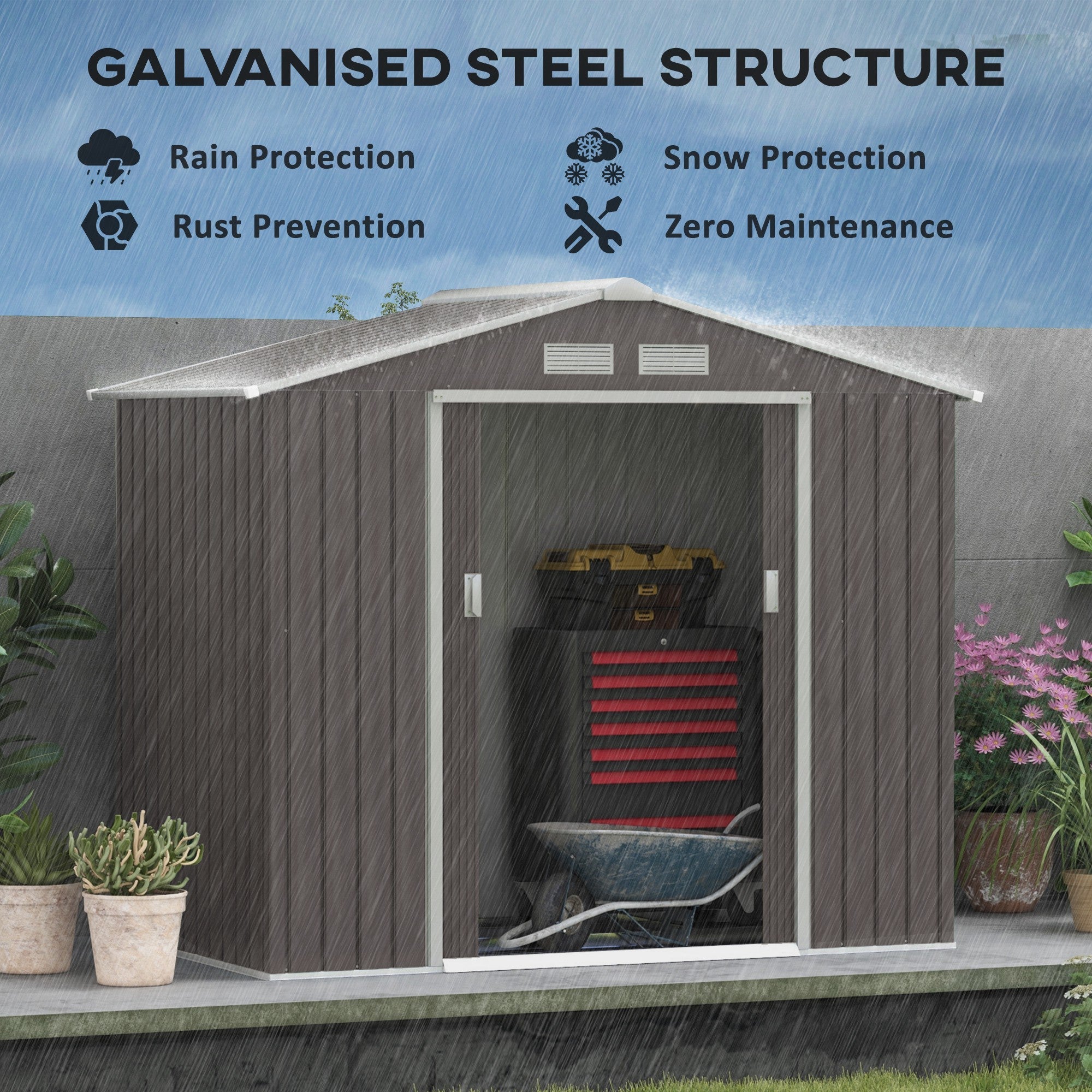 Outsunny Metal Garden Shed 7' x 4' x 6' Outdoor Storage with Foundation Double Doors Grey 