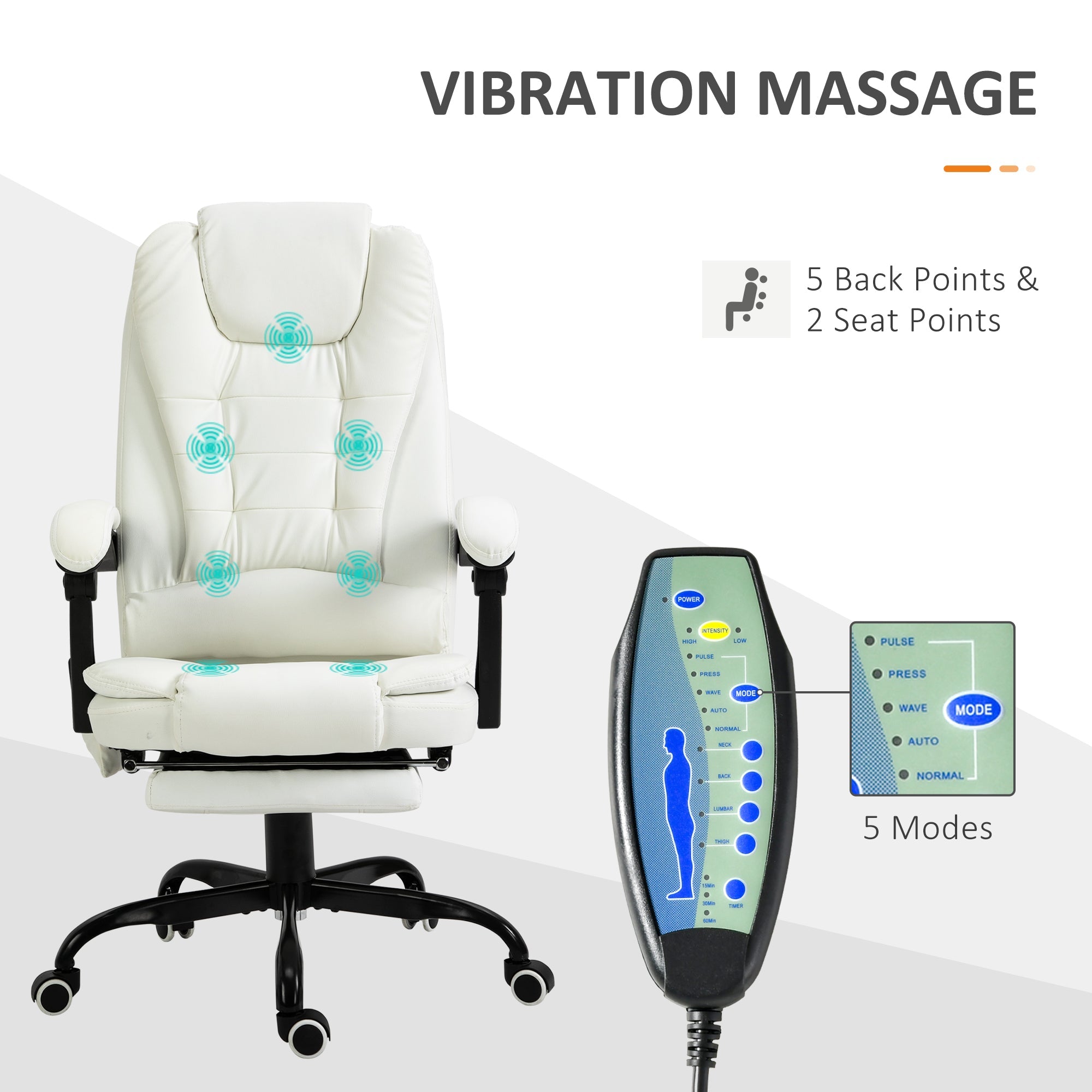 Vinsetto Ergonomic Reclining Office Chair with 7-Point Vibrating Massage, Footrest, Height Adjustable Swivel Executive Chair  White 