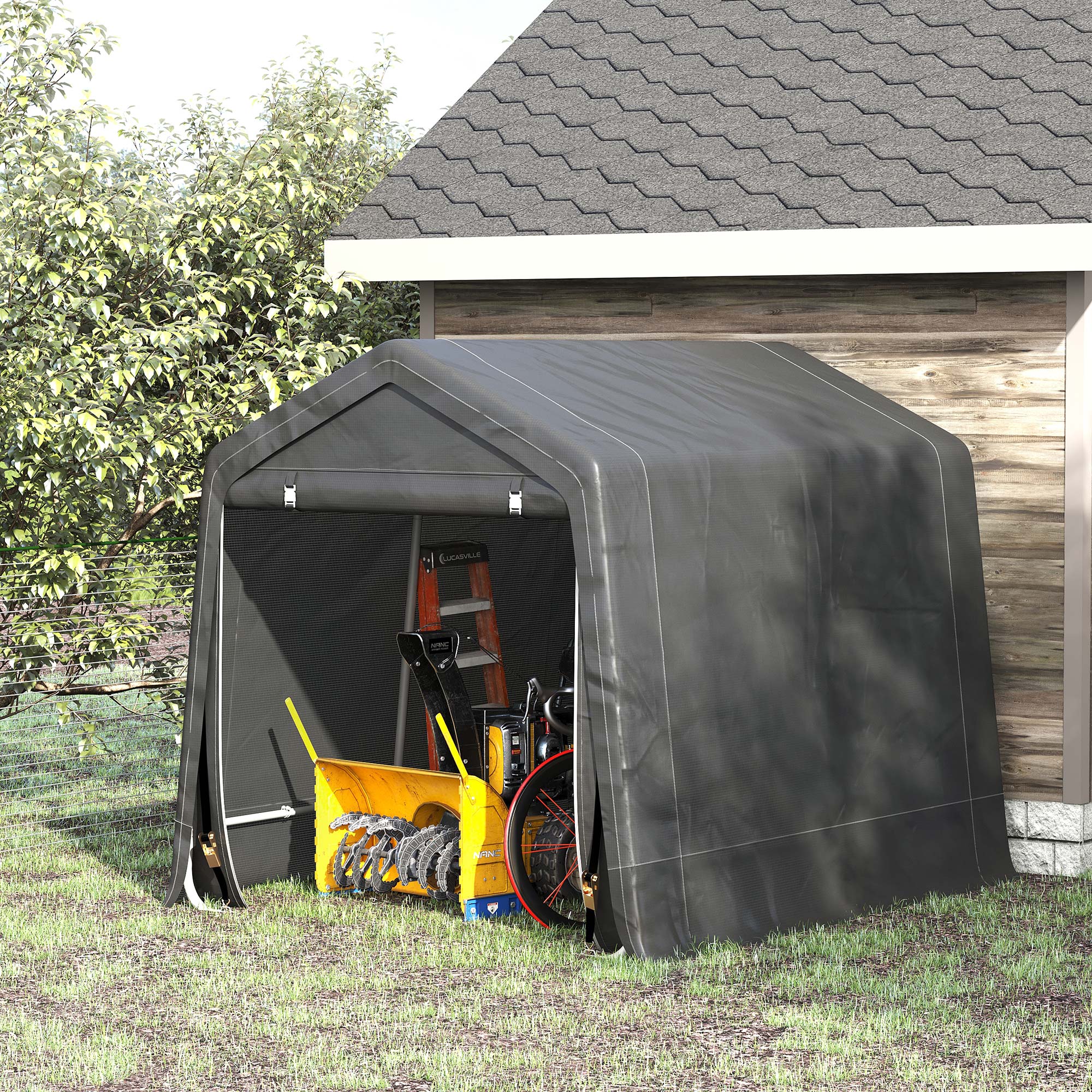Outsunny 7.9' x 6.6' Garden Storage Tent, Patio Storage Shelter w/ Metal Frame and Double Zipper Doors, Dark Grey 