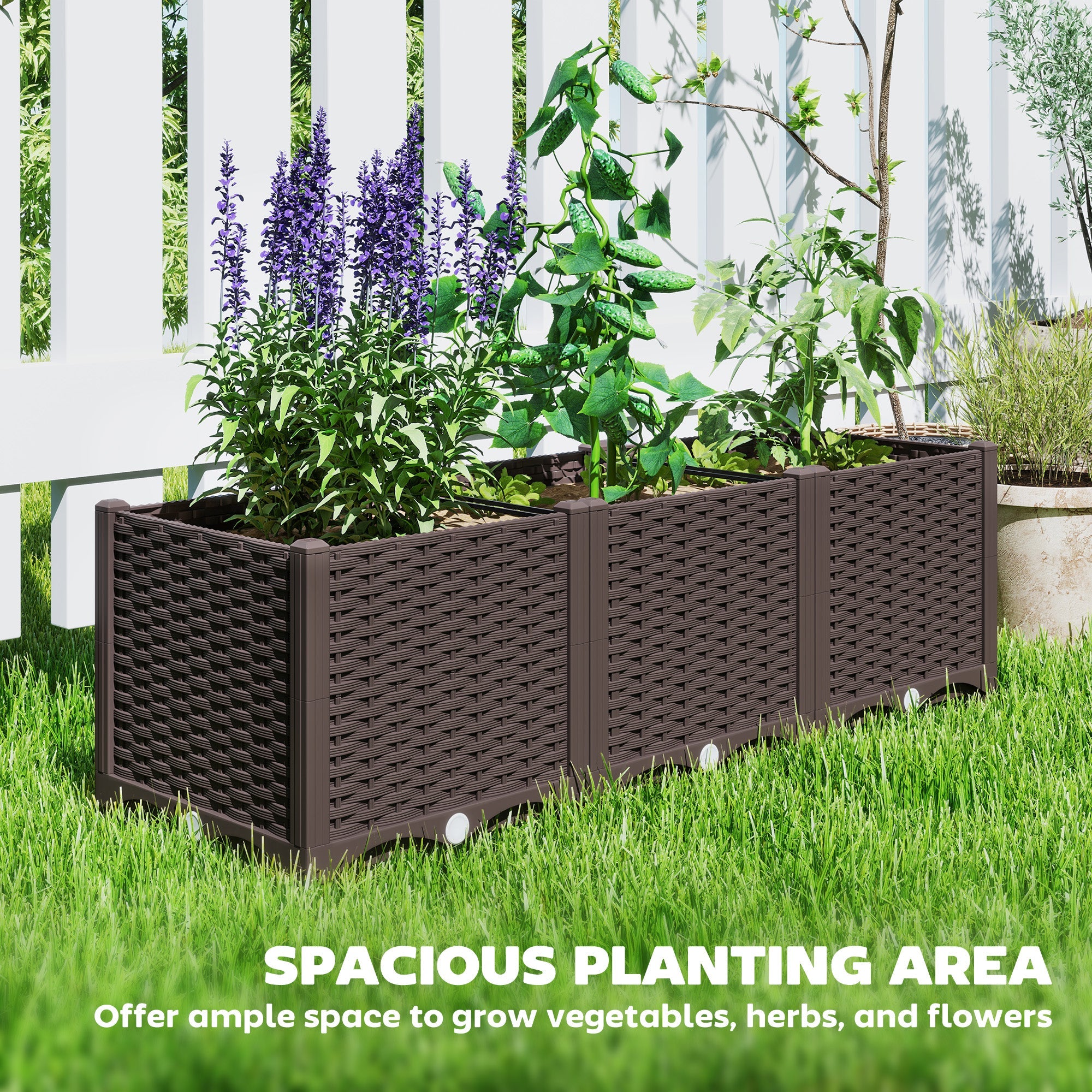 Outsunny Plastic Raised Garden Bed, Outdoor Planter Box with Drainage Holes for Patio, Balcony, 47.2" x 15.7" x 14.6", Brown 