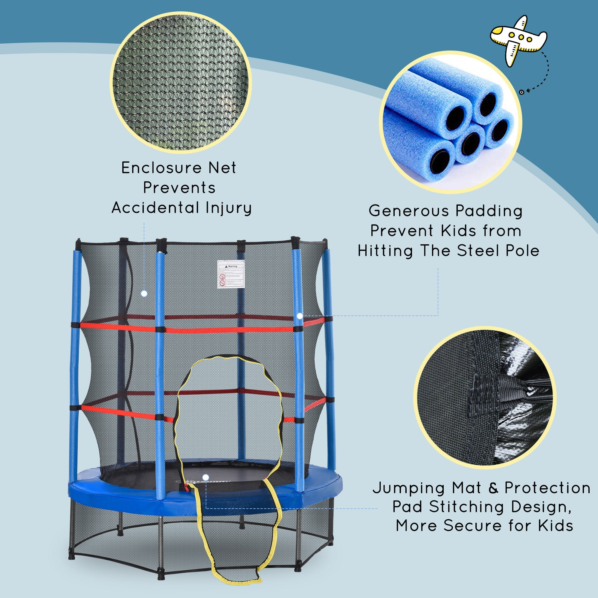Outsunny 55" Kids Trampoline Enclosure Net Steel Frame Indoor Round Bouncer Rebounder 3-6 Years Blue Toy 