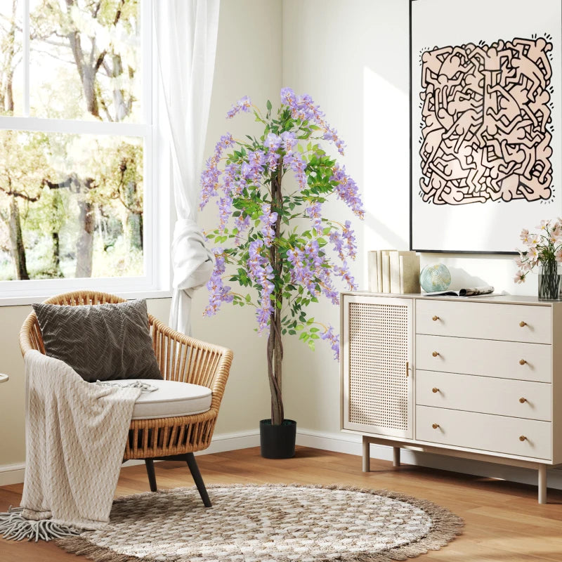 5.9FT Fake Wisteria Tree with Natural Wood Trunk, Artificial Plant in Nursery Pot, Greenery Tall Faux Floor Plant Purple