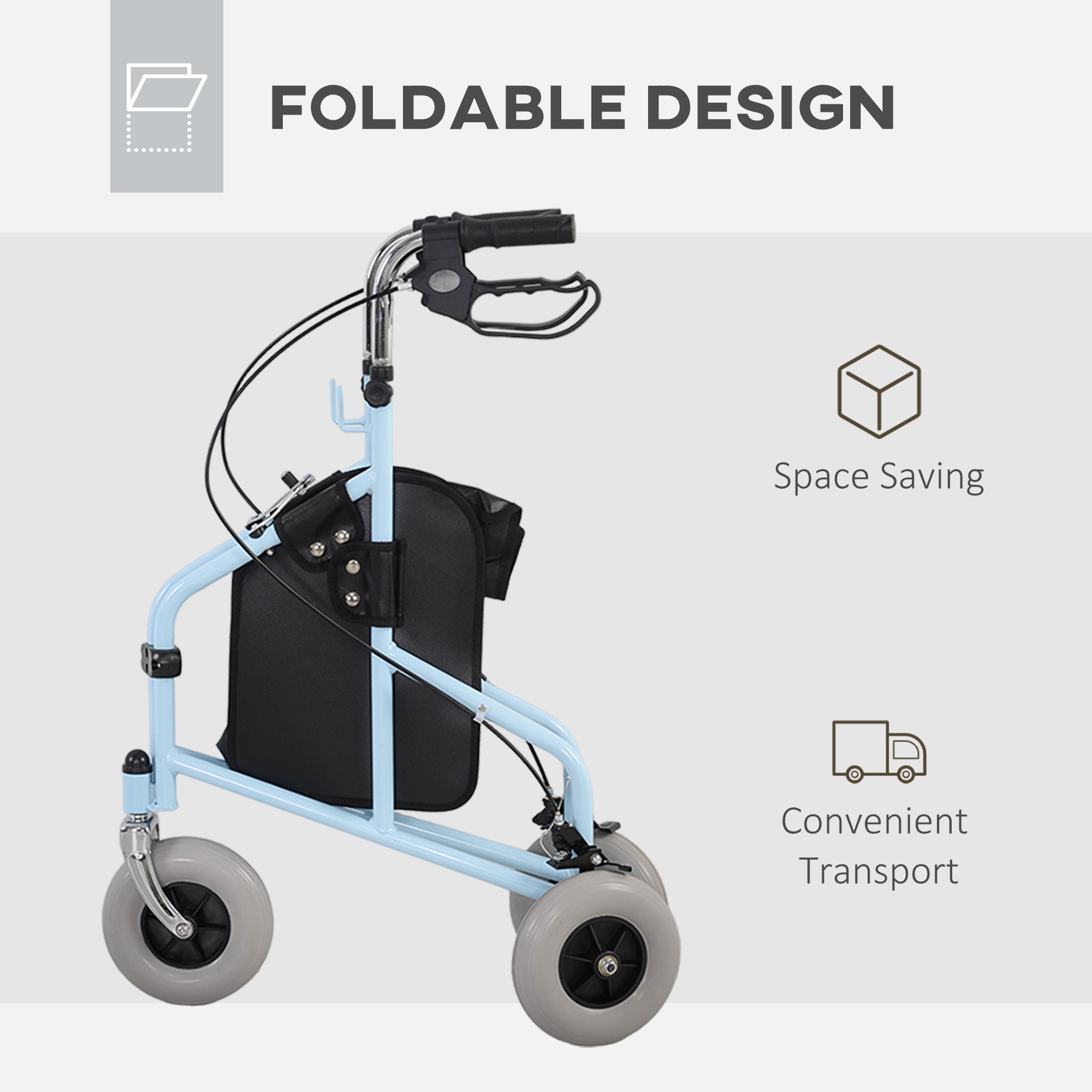 HOMCOM Upright Walker Up Rollator, Rolling Walker with Wheels, Storage Bag, Tray, Adjustable Handle Height, Blue 