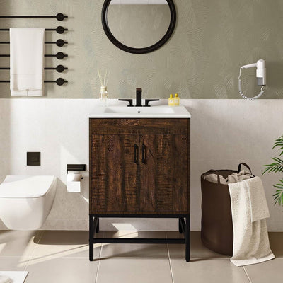 Modern Dark Brown Wood Bathroom Vanity with White Ceramic Sink - Free Shipping 