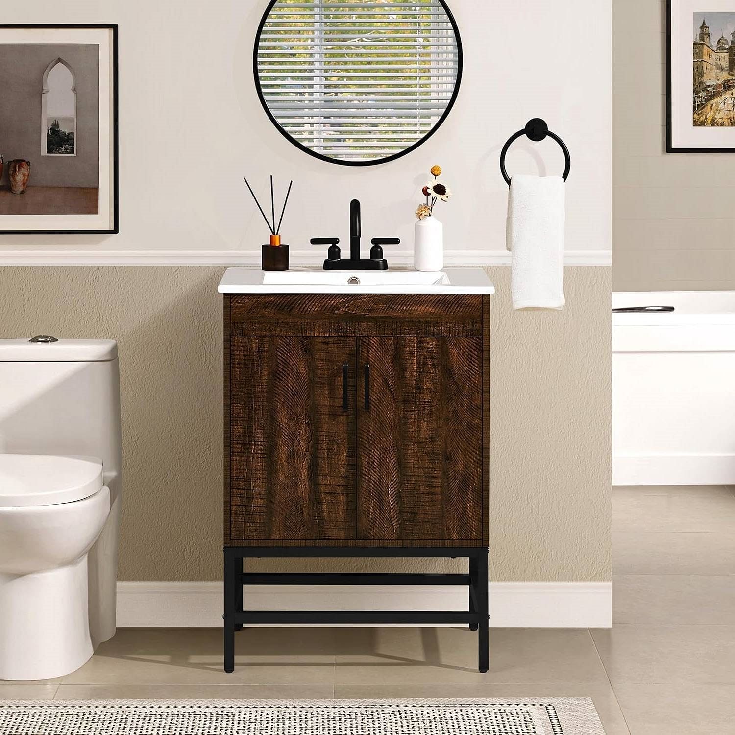 Modern Dark Brown Wood Bathroom Vanity with White Ceramic Sink - Free Shipping