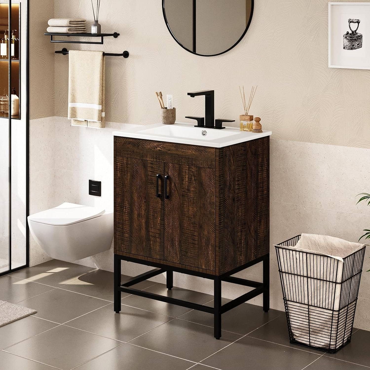 Modern Dark Brown Wood Bathroom Vanity with White Ceramic Sink - Free Shipping