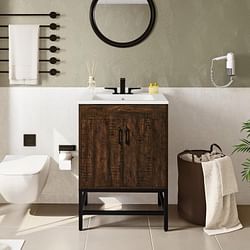 Modern Dark Brown Wood Bathroom Vanity with White Ceramic Sink - Free Shipping