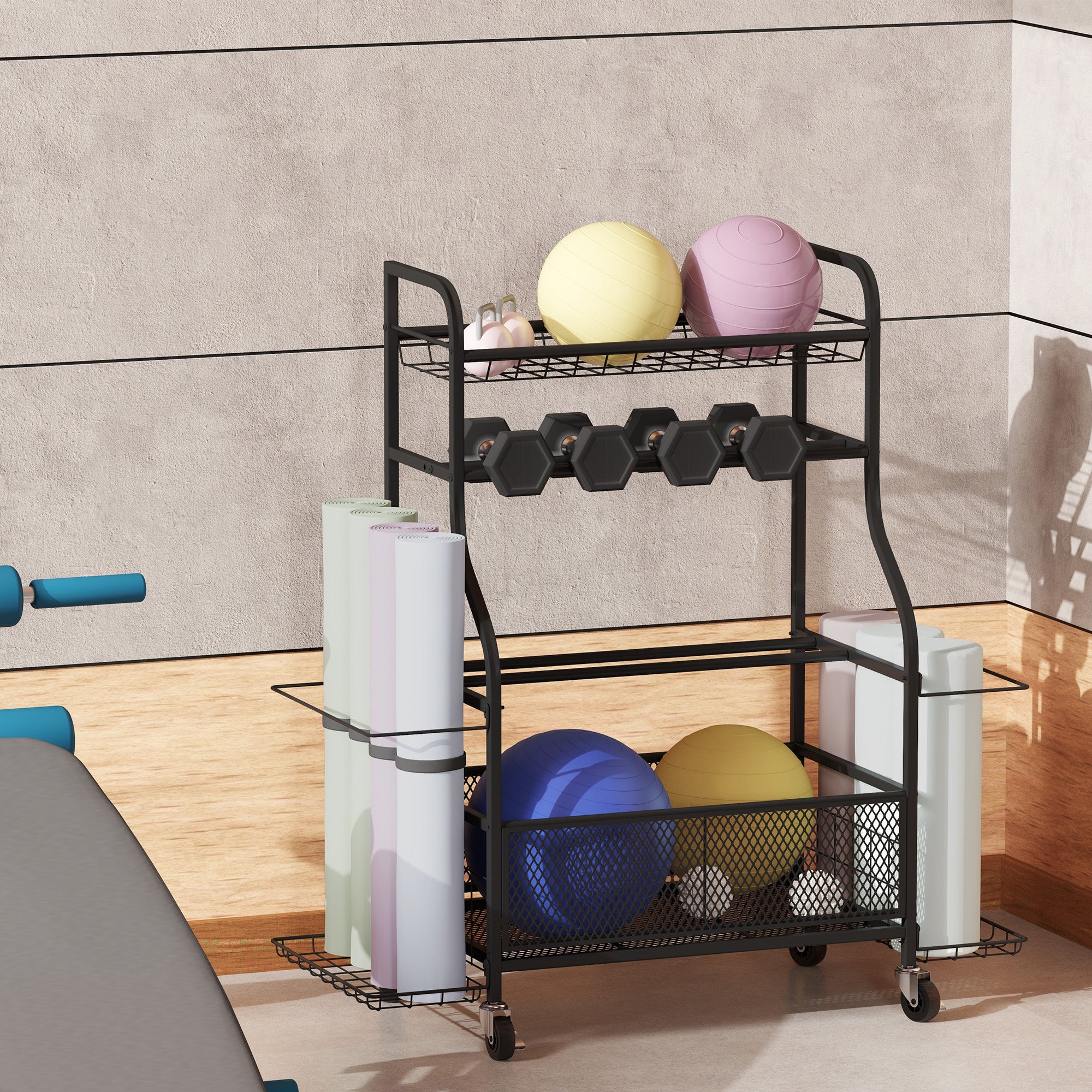 Soozier Garage Sports Equipment Organizer, Rolling Home Gym Storage Rack with Wheels, Dumbbell Rack and Ball Storage Holder 
