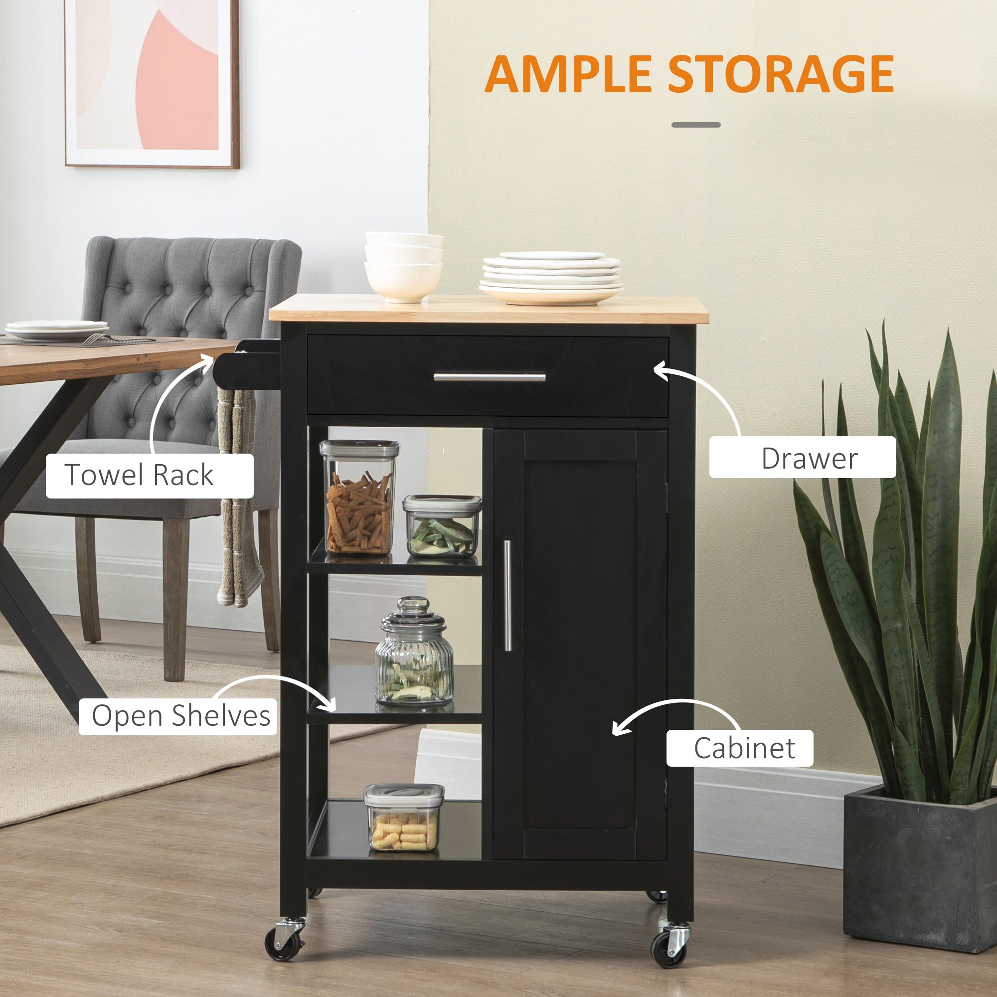 HOMCOM Black Rolling Kitchen Cart: Mobile Island with Storage Drawer & Open Shelf for Dining Room Versatility 