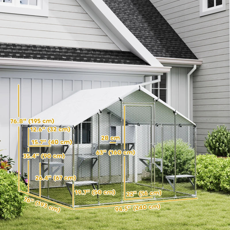 94.5" Extra Large Metal Outdoor Catio with Waterproof Cover, 2 Resting Boxes, 7 Platforms, for Multiple Rabbits, Chicken