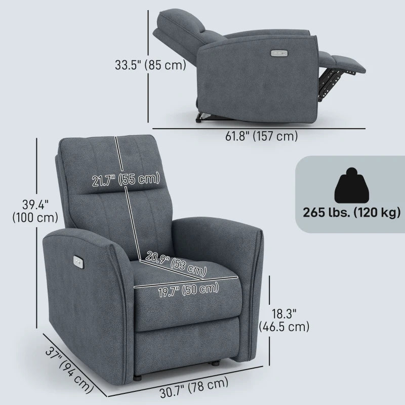 Power Recliner Chair, Fabric Upholstered Recliner Chair with USB Ports, Footrest, Charcoal Grey