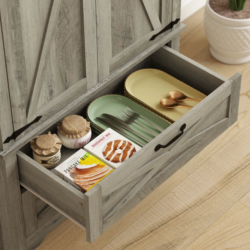 Farmhouse Kitchen Pantry Storage Cabinet, 64" Freestanding Kitchen Pantry Cabinet with Drawers, Distressed Grey