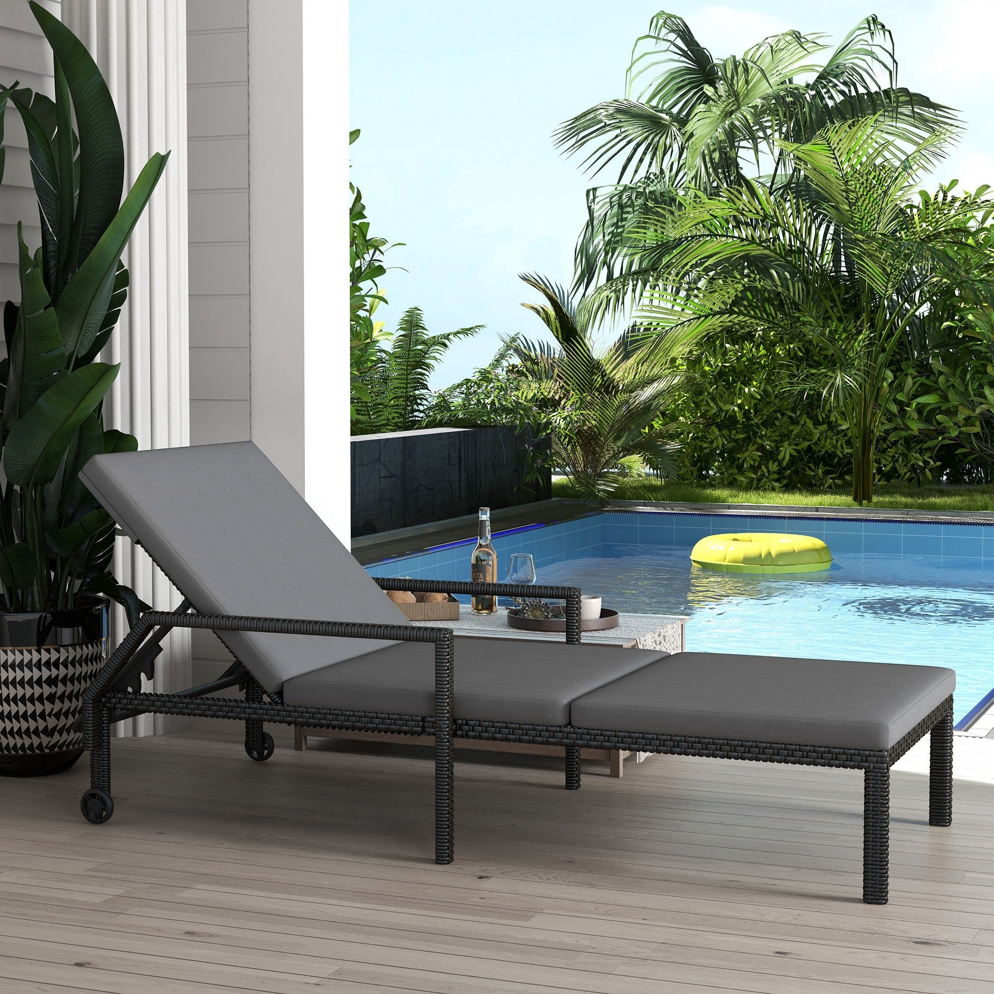Outsunny Wicker Chaise Lounger with 5-Level Adjustable Backrest, Light Grey 