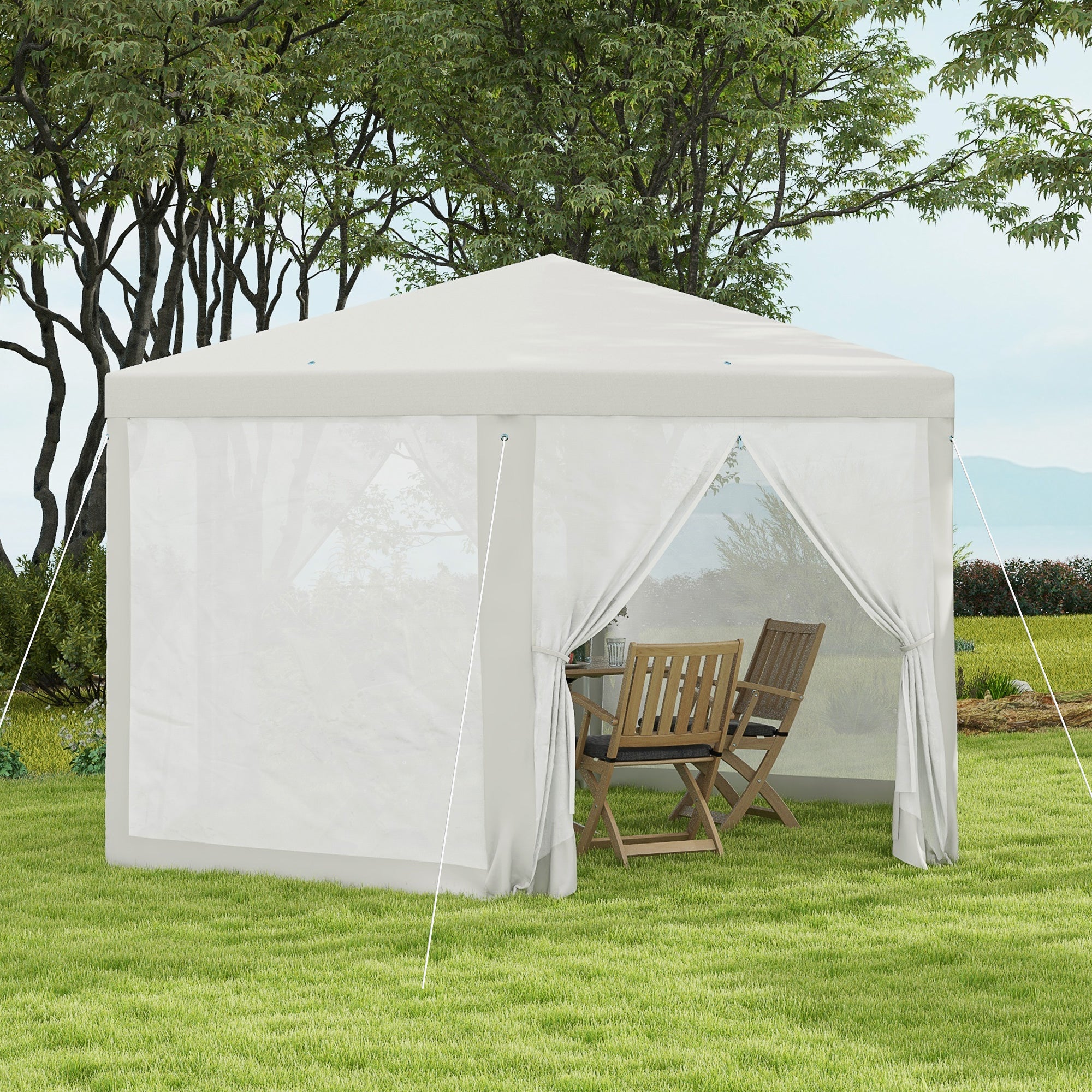 Outsunny Φ13' Hexagon Party Tent Patio Gazebo Outdoor Activity Event Canopy Quick Sun Shelter Pavilion with Netting Mesh Sidewall Cream White 