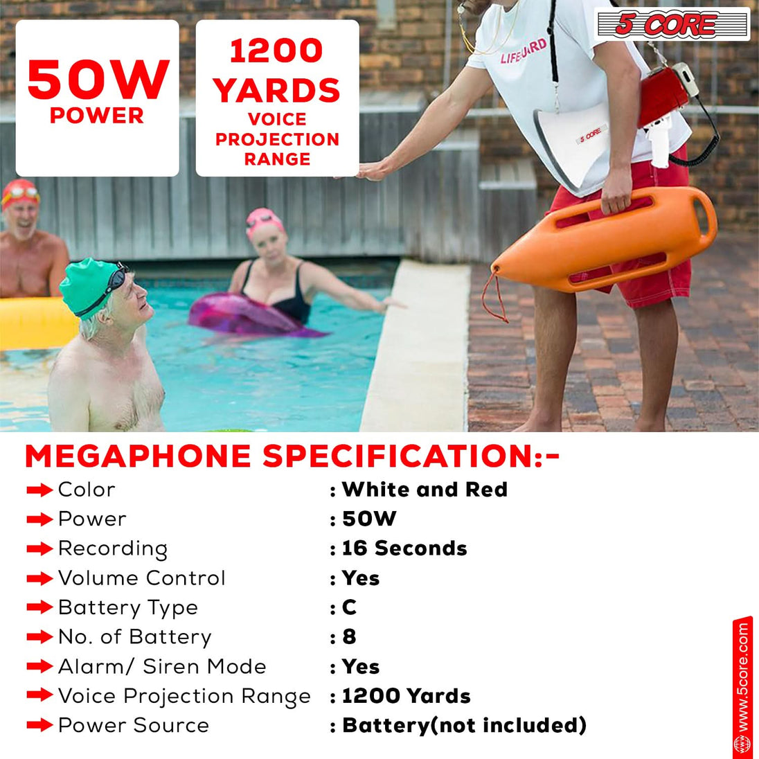 5Core Megaphone Bullhorn Speaker 50W Bull Horn Cheer Megafono 1200Ft Non Rechargeable