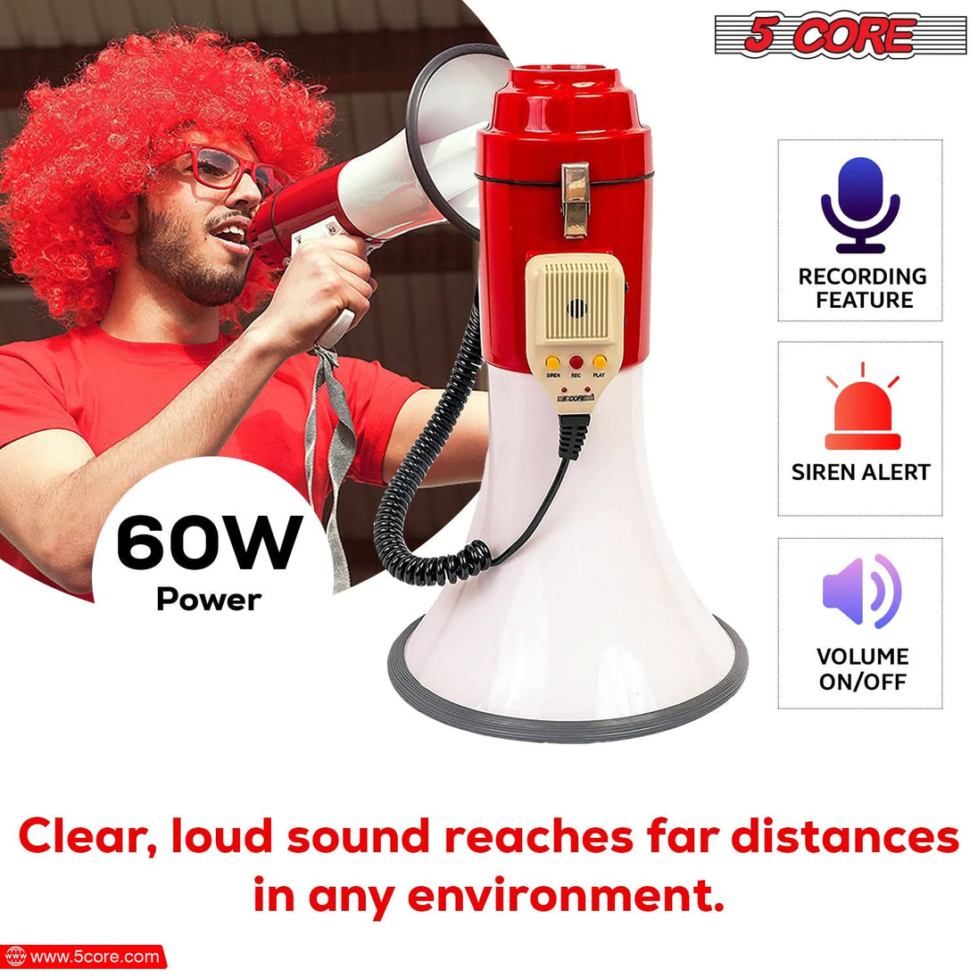 5Core Megaphone Bullhorn Speaker Pro 60W Bull Horn Non Rechargeable Cheer Megafono