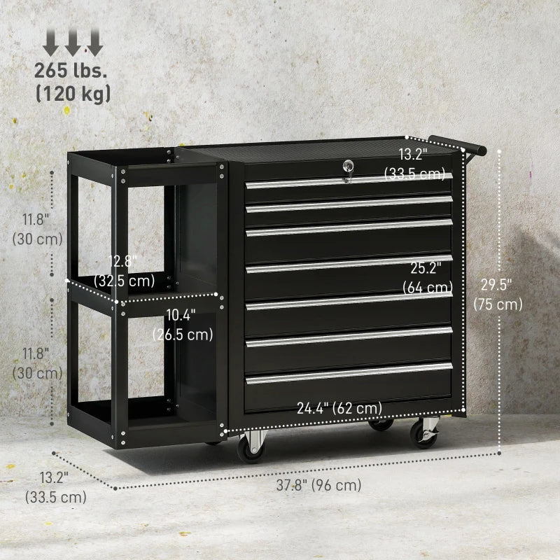 7-Drawer Rolling Tool Chest with Detachable Side Shelf, Lockable Tool Cabinet Box Organizer with Wheels, Black