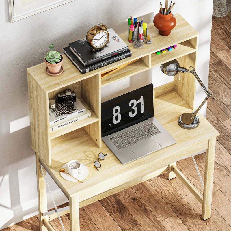 Computer Desk with Hutch, Home Office Table with Storage Shelves and Open Compartments for Writing, Work, Oak