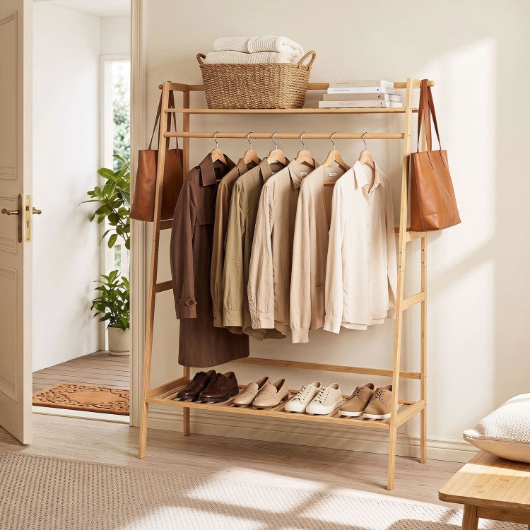 Freestanding Bamboo Clothing Rack with Hanging Rod, Storage Shelves & Side Hooks