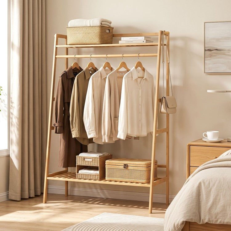 Freestanding Bamboo Clothing Rack with Hanging Rod, Storage Shelves & Side Hooks