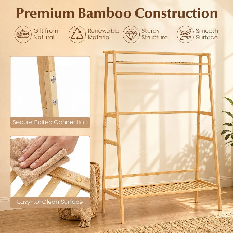 Freestanding Bamboo Clothing Rack with Hanging Rod, Storage Shelves & Side Hooks