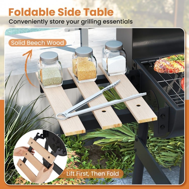 Barrel Charcoal Grill with Foldable Side Table and Thermostat
