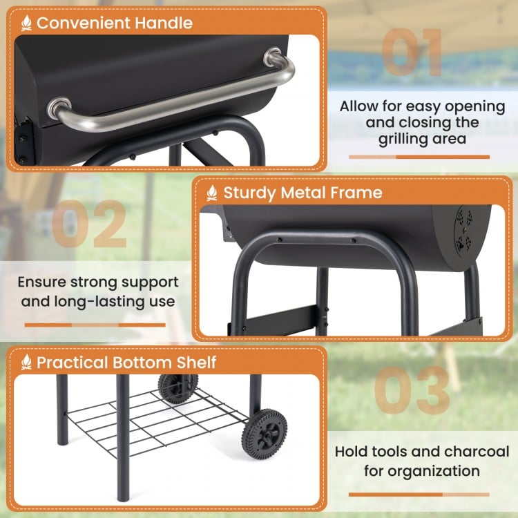 Barrel Charcoal Grill with Foldable Side Table and Thermostat