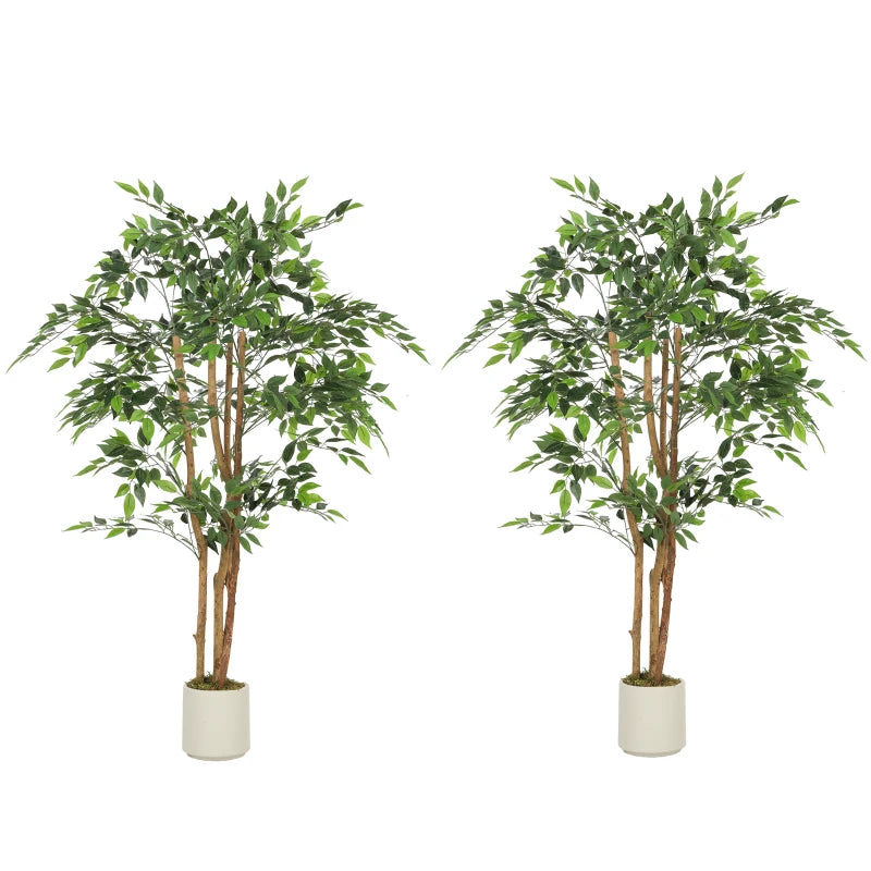 5FT Artificial Banyan Tree Set of 2, Fake Potted Tree with Solid Wood Trunk and Pot for Indoor