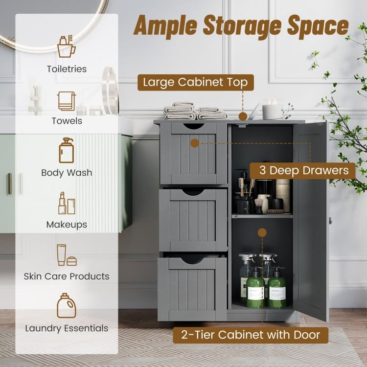 Bathroom Floor Cabinet Side Storage Cabinet with 3 Drawers and 1 Cupboard-Gray