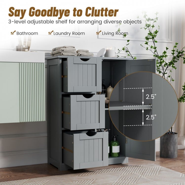 Bathroom Floor Cabinet Side Storage Cabinet with 3 Drawers and 1 Cupboard-Gray