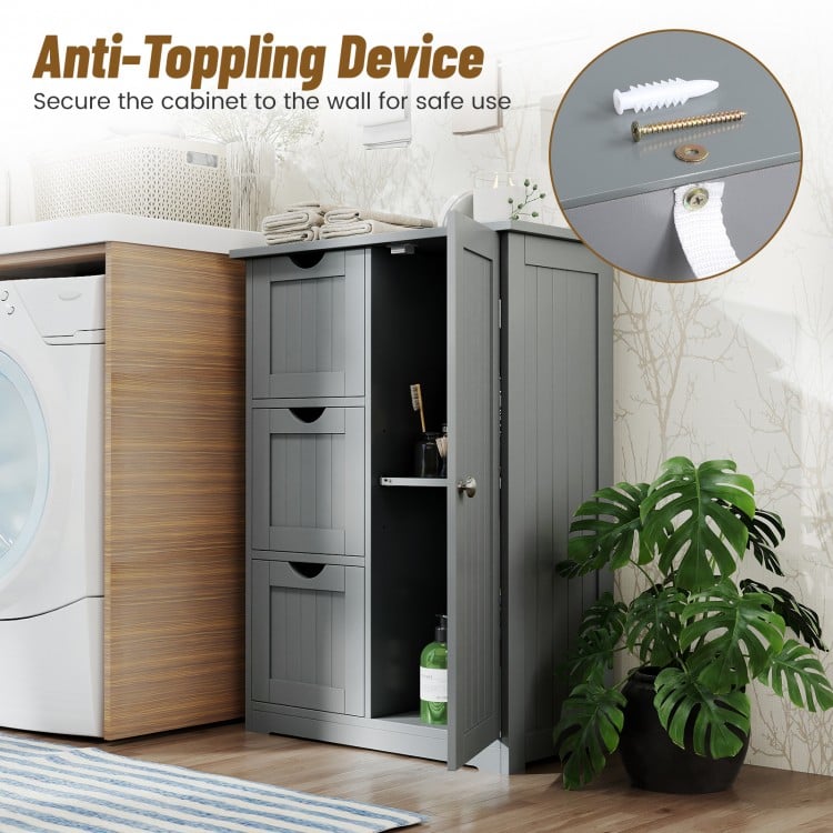 Bathroom Floor Cabinet Side Storage Cabinet with 3 Drawers and 1 Cupboard-Gray