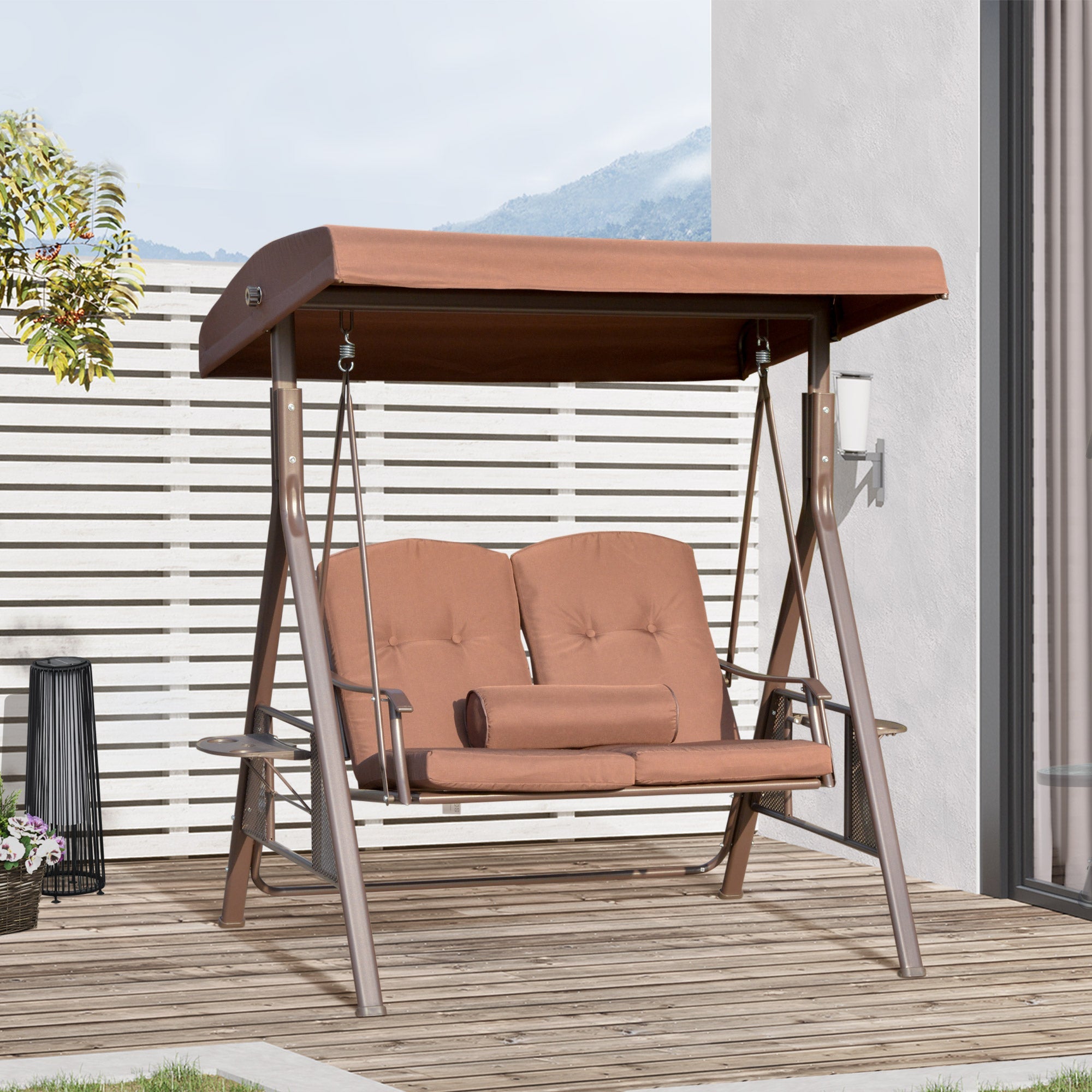 Outsunny Outdoor 2-Person Patio Swing Chair Canopy Adjustable Shade Cushions Pillow Tray Brown 