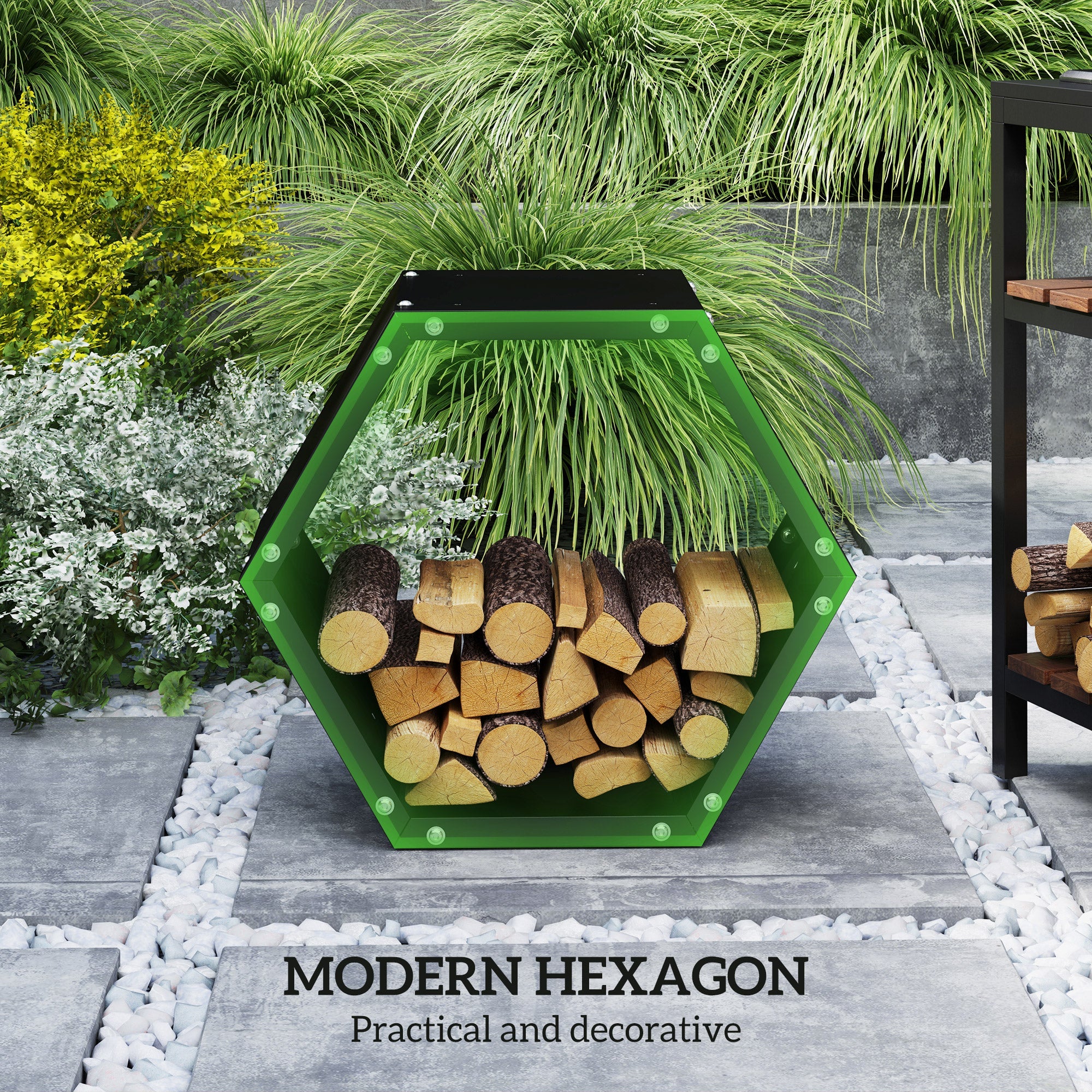 Outsunny Hexagon Firewood Log Rack Heavy-Duty Steel Log Holder for Outdoor Indoor Use, 25.6" x 14.6" x 22.4", Black 