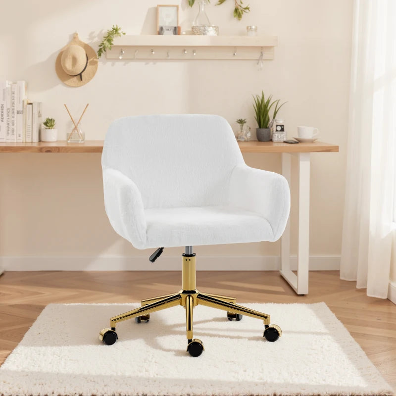 Office Chair, Faux Rabbit Fur Upholstered Vanity Desk Chair, Cream White